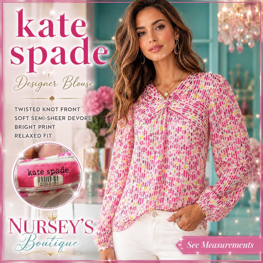 Kate Spade Marker Floral Devore Top Pink Twist Front Long Sleeve Blouse